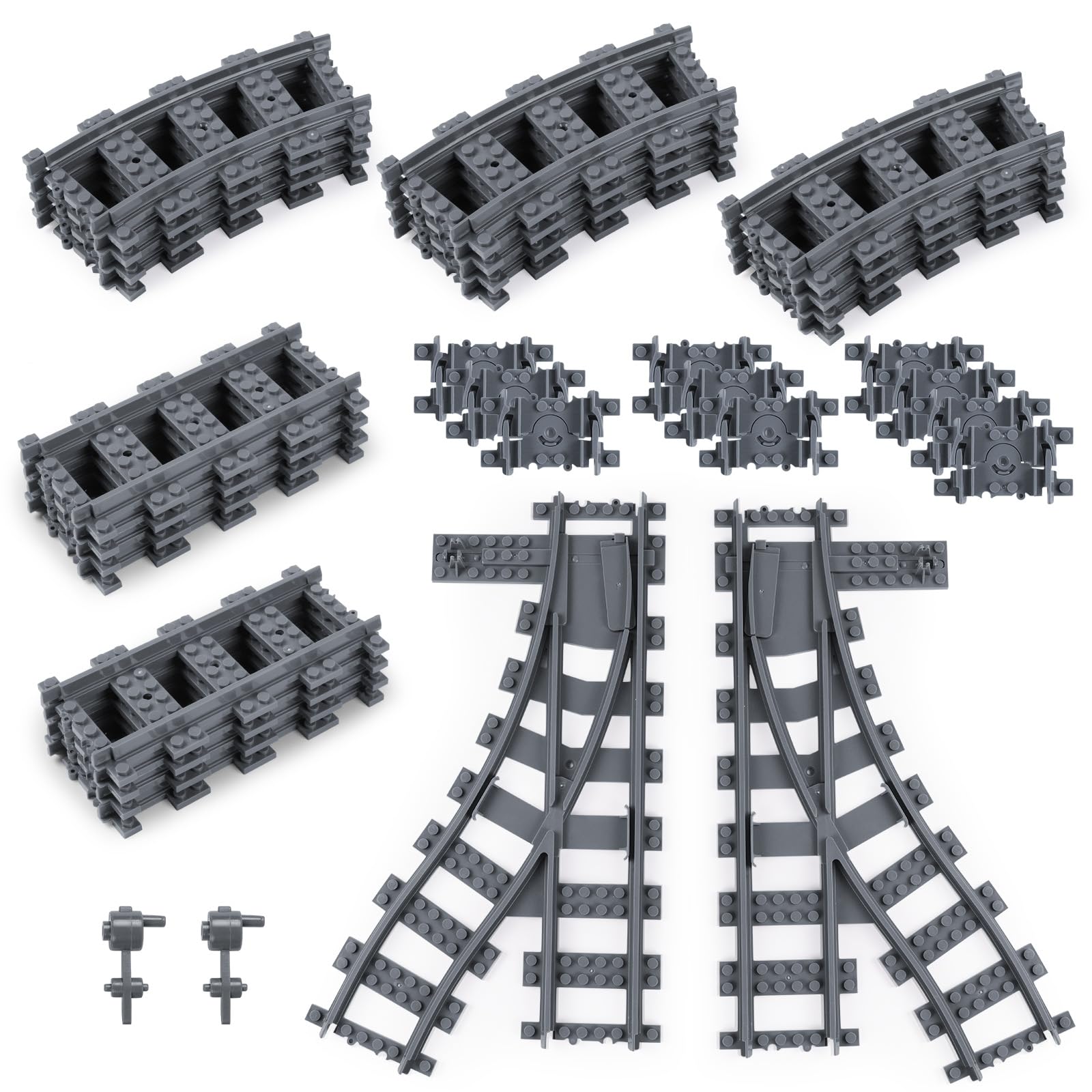 HOTUT 32 PCS City Train Tracks, City Railway Rail Set, Toy Train Track Extension Pack Compatible with All Major Brand - 8 Straights, 2 Crossing, 10 Flexible, 12 Curved Rails