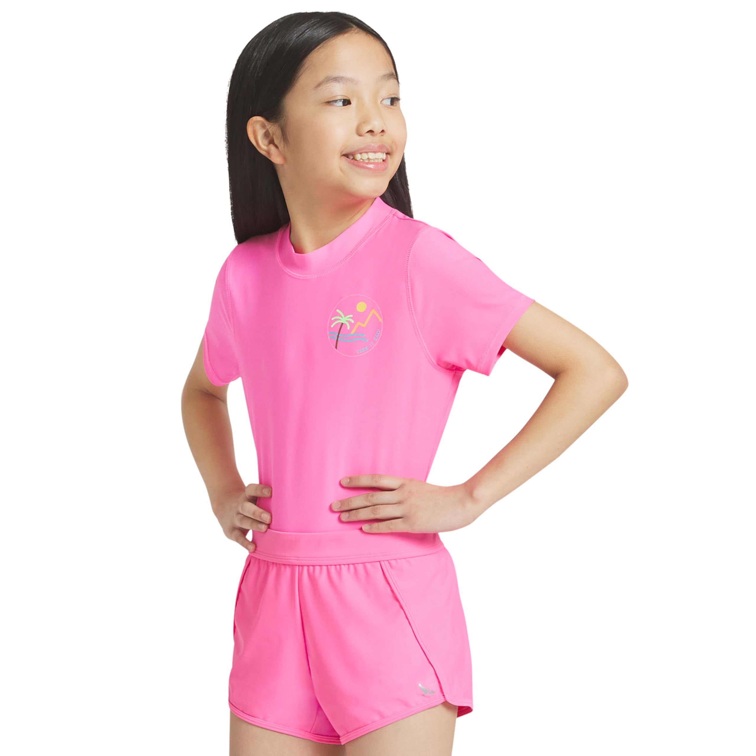 Eddie Bauer Girls’ UPF 50+ Rash Guard Sun Tee Shirt and Swim Short Set, Sugar Plum, Small
