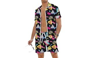 UOUA 80s Outfit for Men 90s Color Block Costumes 2 Piece Retro Short Sleeve Jacket & Shorts Set for Party