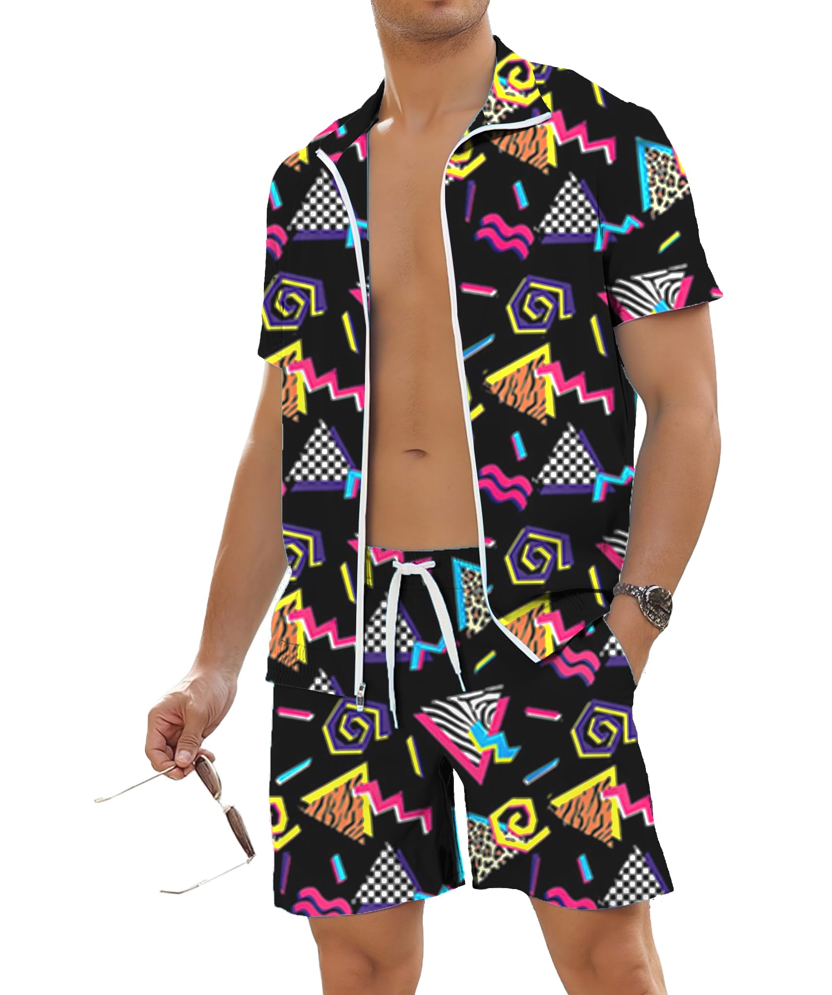 Photo 1 of UOUA 80s Outfit for Men 90s Color Block Costumes 2 Piece Retro Short Sleeve Jacket & Shorts Set for Party BlackPrint L