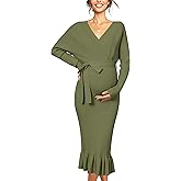 OUGES 2025 Maternity Sweater Nursing Dress for Photoshoot Baby Shower Wedding Guest Outfits Fishtail Ribbed Knit Clothes