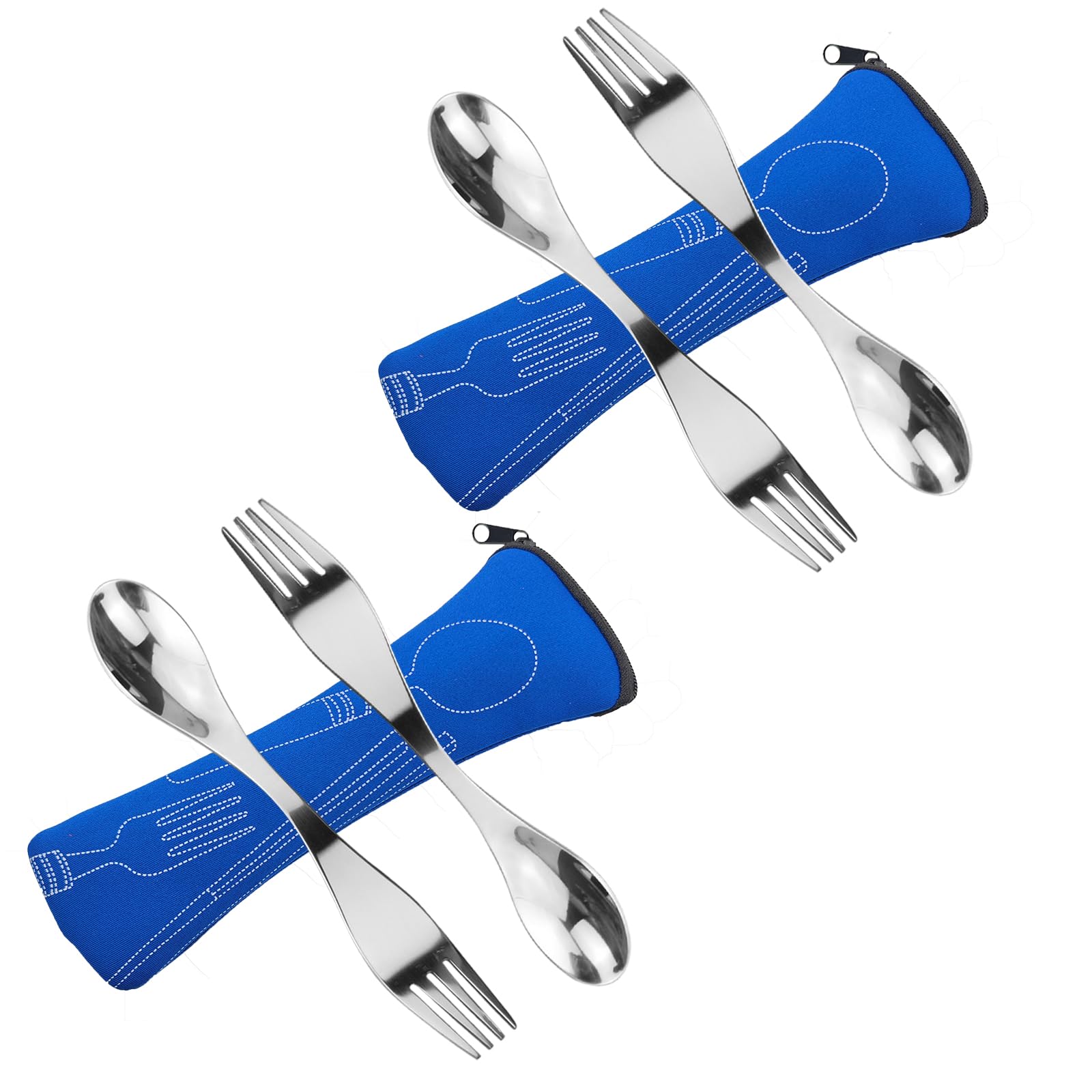 Reuseable Sporks Stainless Steel 4pcs, Portable Cutlery Spoon Fork Camping Cutlery Set with Bag for Travel Outdoor Picnic - Blue