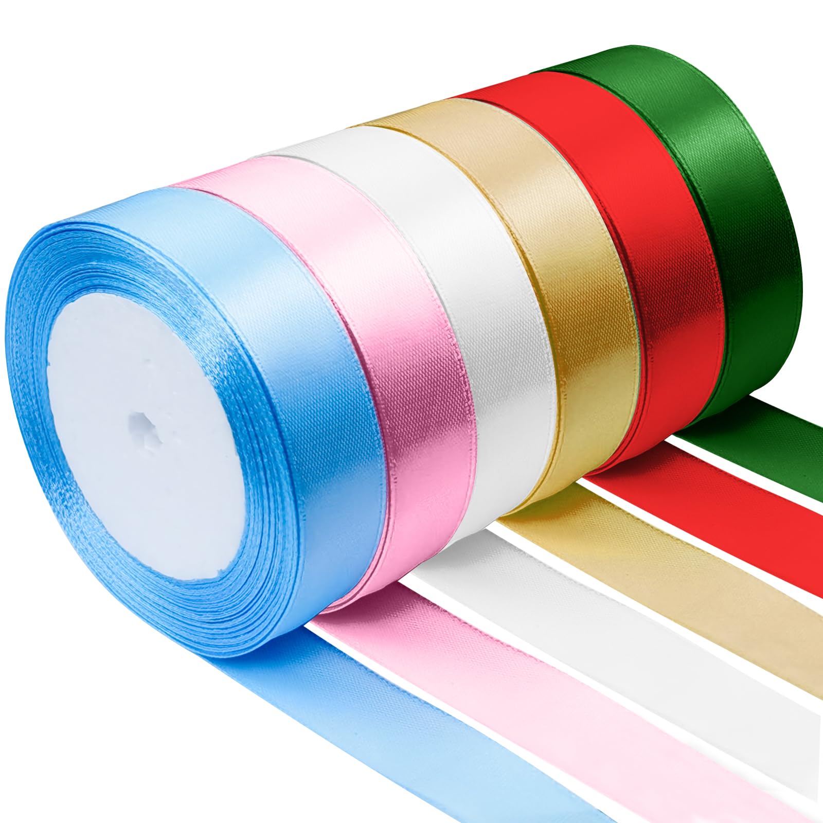 Cokeesun 6 Rolls Satin Ribbon 2cm, 22m/Roll Colors Gift Wrapping Ribbons, Fabric Polyester Ribbon for Crafting Wedding Hair Bows Cake Decoration (Green Red Light Blue Champagne Gold Pink White)