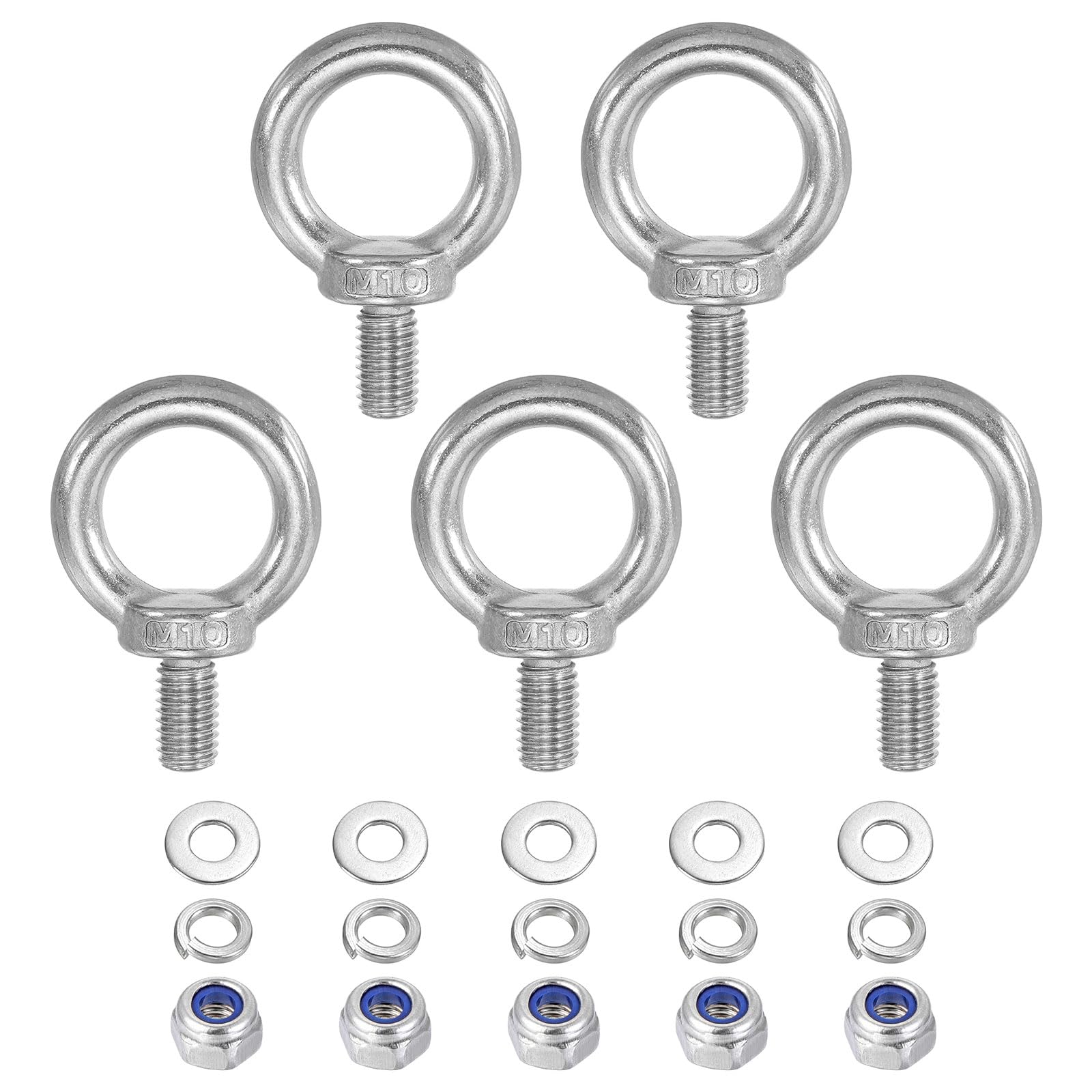 PATIKIL M10 x 18mm Lifting Shoulder Eye Bolt, 5Pcs 304 Stainless Steel Lifting Ring Threaded Eyebolt with Nuts Washers for Hanging Hammocks Articles โ image 1