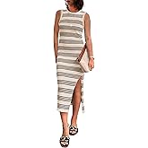 GOLDSTITCH Women Casual Sleeveless Striped Tank Midi Dresses Summer Bodycon Hollow Out Knit Side Slit Striped Long Tank Dress