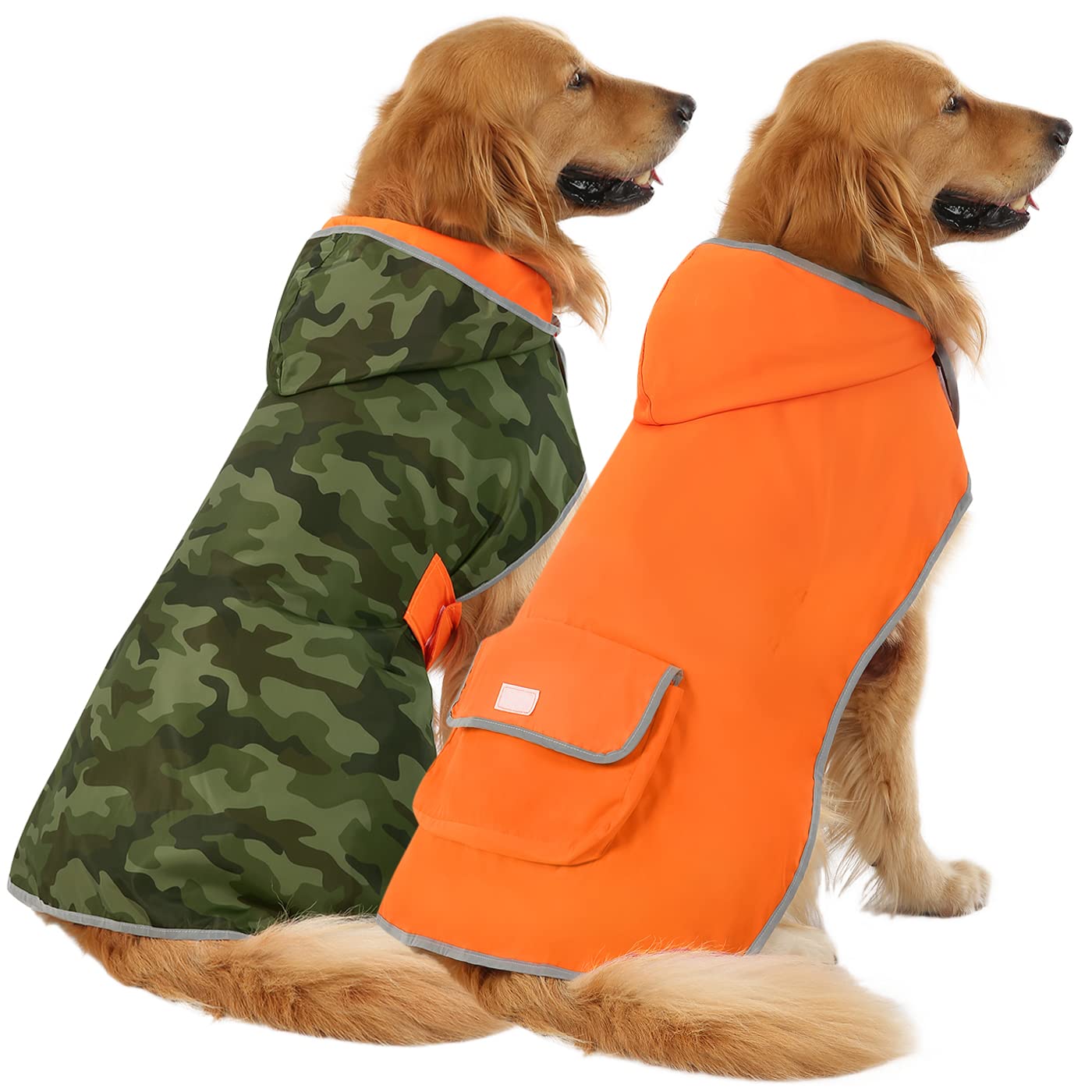 HDE Reversible Dog Raincoat Hooded Slicker Poncho Rain Coat Jacket for Small Medium Large Dogs Camo Orange - L