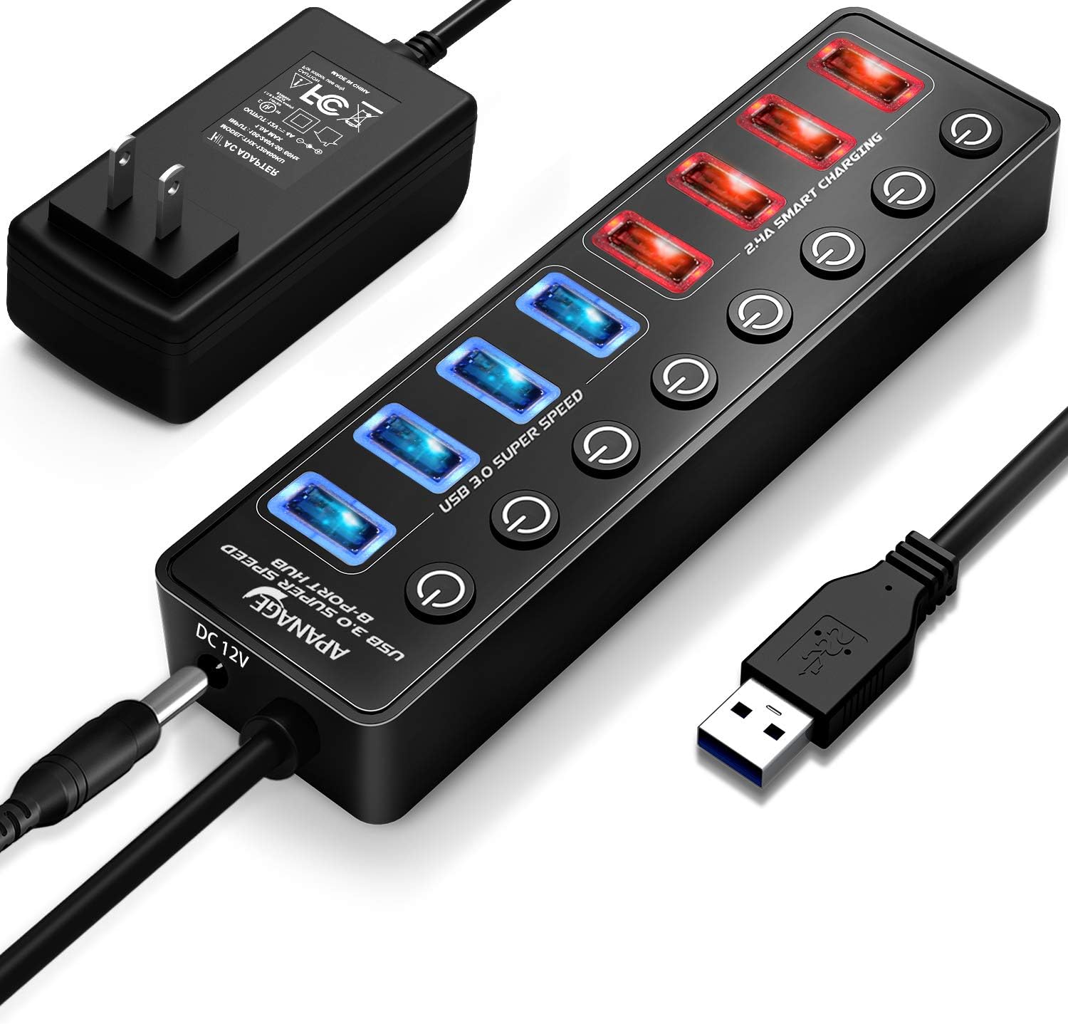 APANAGE 8 Ports Powered USB 3.0 Hub Splitter, 4 Ports USB Data Hub + 4 Smart 2.4A Charging Ports USB Hub, 12V/4A Power Adapter for MacBook Air, Laptop, iMac,PC, USB Flash Drives, Hard Drive (Black)