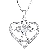 FJ Guardian Angel Necklace 925 Sterling Silver Heart Angel Wings Pendant Birthstone Jewelry for Women