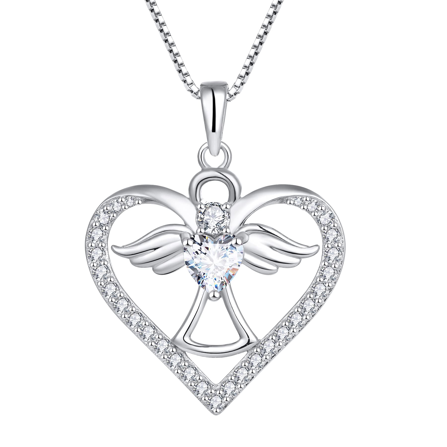 FJ Guardian Angel Necklace 925 Sterling Silver Heart Angel Wings Pendant April Birthstone Necklace Cubic Zirconia Jewellery for Women