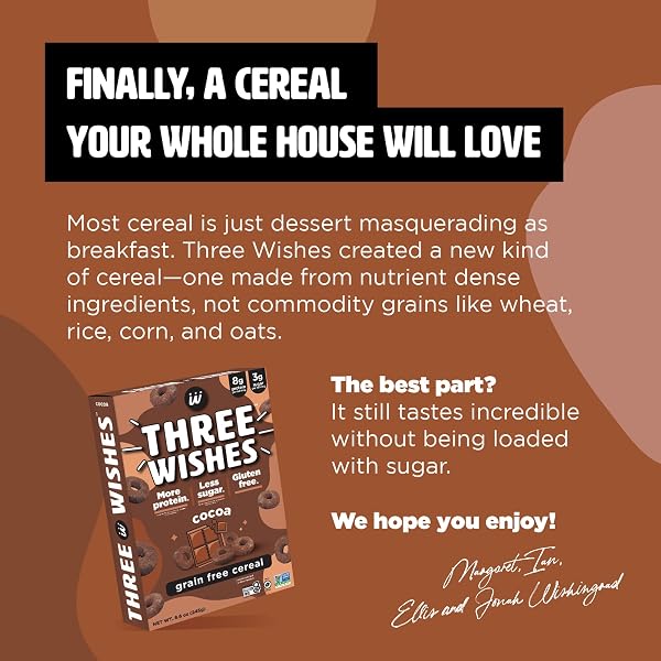 PLANT-BASED AND VEGAN BREAKFAST CEREAL BY THREE WISHES – COCOA, 1 PACK – MORE PROTEIN AND LESS SUGAR SNACK – GLUTEN-FREE, GRAIN-FREE – NON-GMO