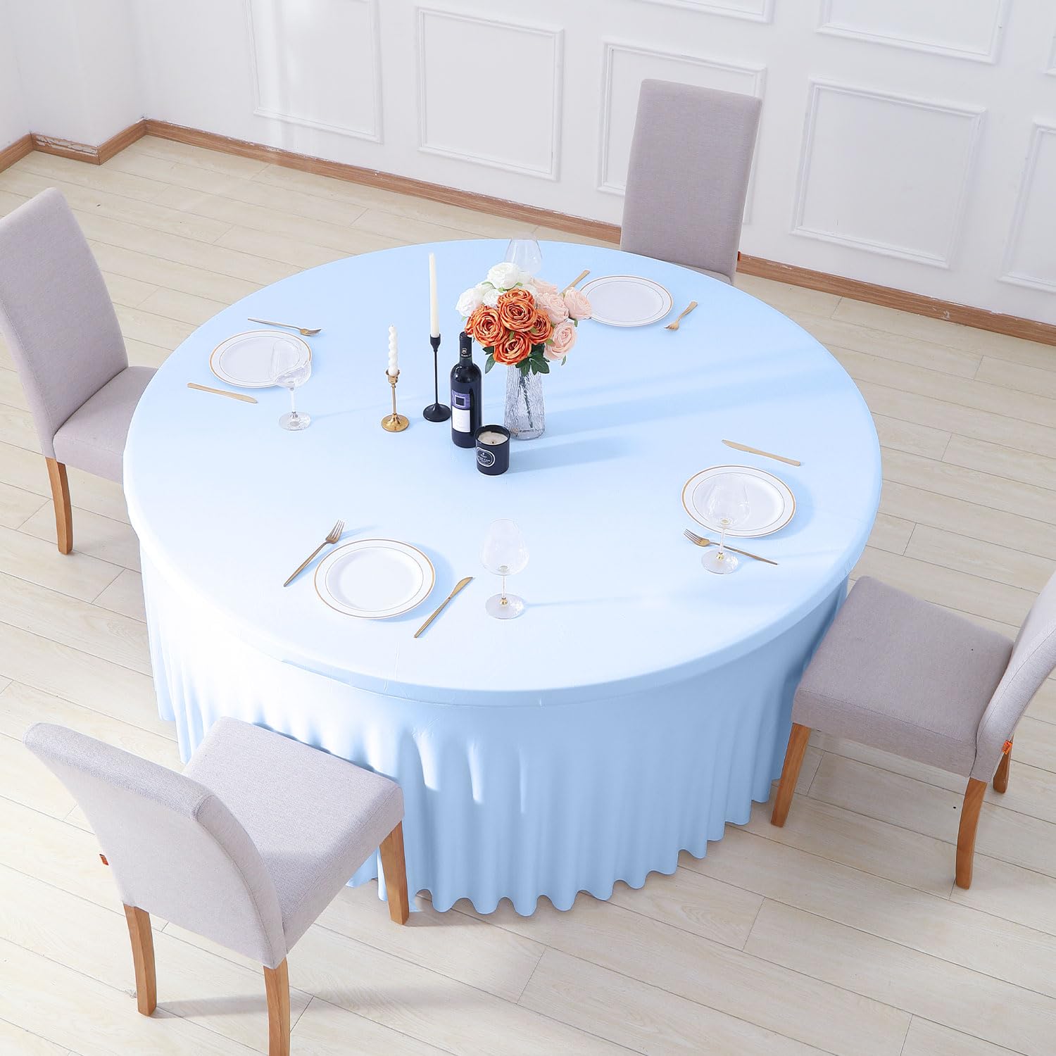 GALLETY Baby Blue Table Cloth for 5FT Round Tables, Fitted Spandex 120 inch Round Tablecloth, Wrinkle Free Table Skirt for Receptions Birthday Photography Party Social Events Baby Showers Decorations