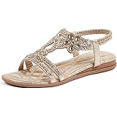 iCKER Women Rhinestone Sandals T-Strap Buckle Bohemian Pearl Crystal Flat Sandals