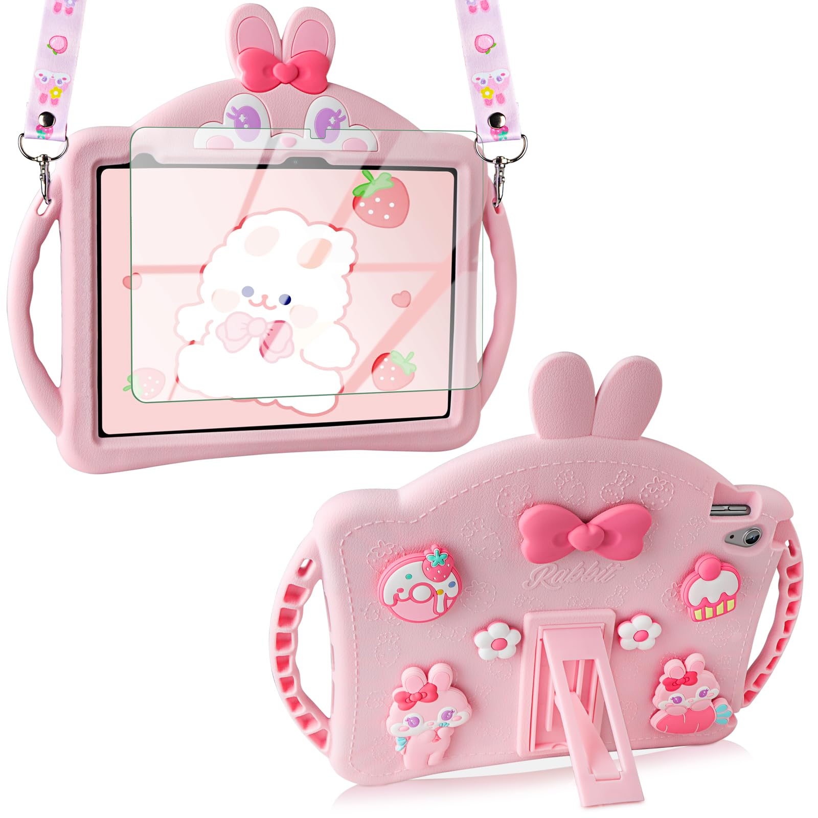 Photo 1 of *MINOR DAMAGE - USED*
VOFUOE for iPad 10th Generation Case 10.9 Inch 2022 Kids Girls for iPad A16 Case 11th Generation 2025 with Screen Protector Shoulder Straps Handle Cute Rabbit Soft Silicone Tablet Cover-Pink