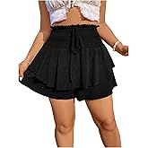 OYOANGLE Women's Plus Size Smocked Tiered Ruffle Flowy Shorts Drawstring Elastic Waist Wide Leg Shorts
