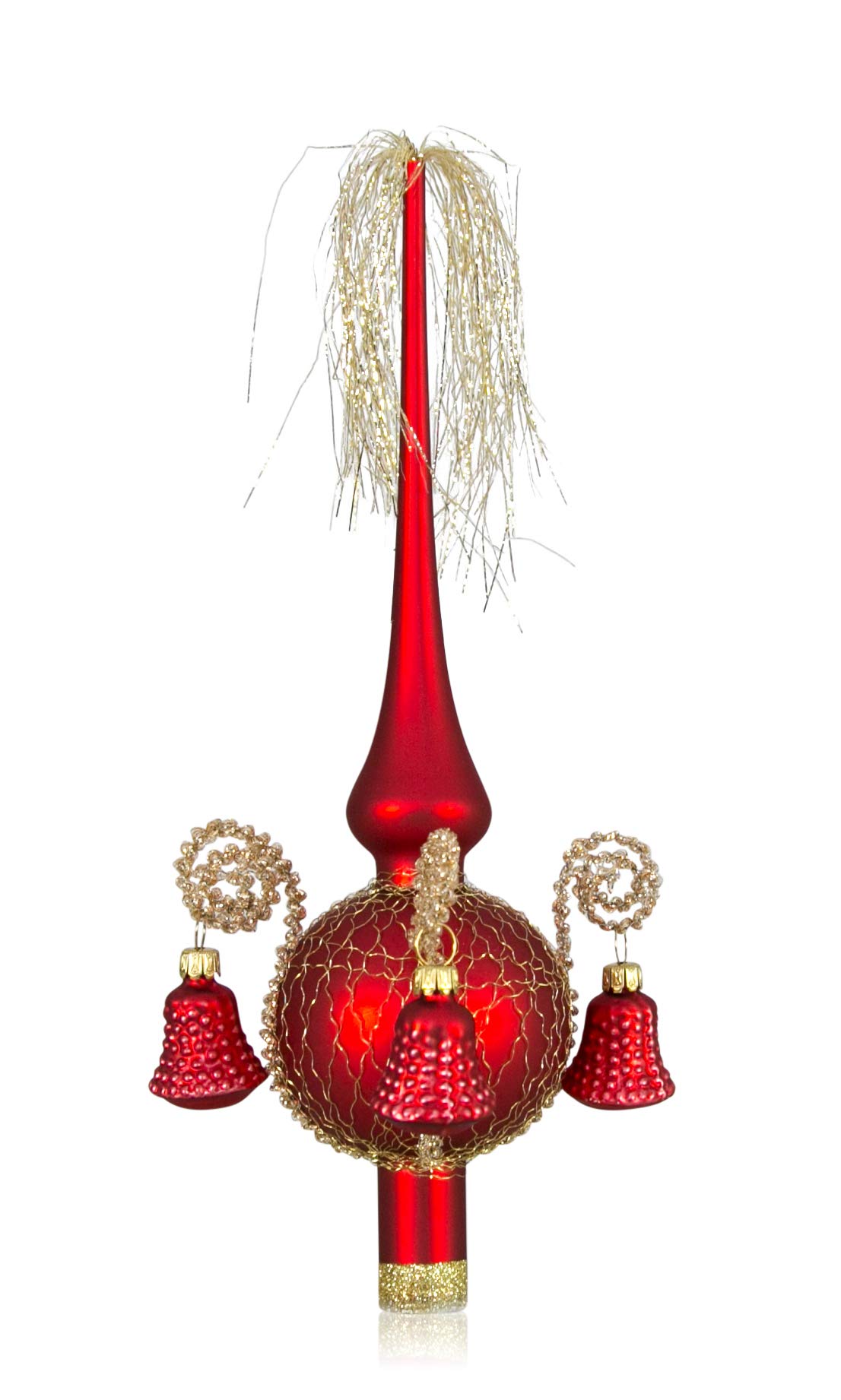 Christmas Tree Topper with Shaped Bead Bell Red Matt Coating L Approx. 28 cm Diameter 7 cm Christmas Tree Ornaments Mouth-Blown and Hand-Decorated Leonischer Wire