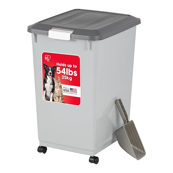 IRIS USA DOG FOOD STORAGE CONTAINER WITH WHEELS, AIRTIGHT LID, 2-CUP SCOOP, UP TO 54 POUNDS PET FOOD STORAGE, BUILT IN SCOOP STORAGE IN LID, VERSATILE PET FOOD BIN, PORTABLE, BPA FREE, GRAY/DARK GRAY