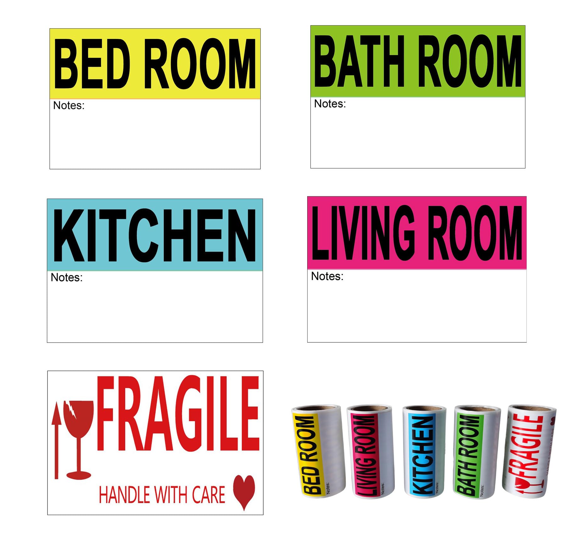 Home Moving Labels for 1 Bedroom House Apartment - 300 Count, 3 x 2 Inch, 5 Coloured Label Sticker Rolls, Fragile Packing Labels for Boxes and Moving House Essentials