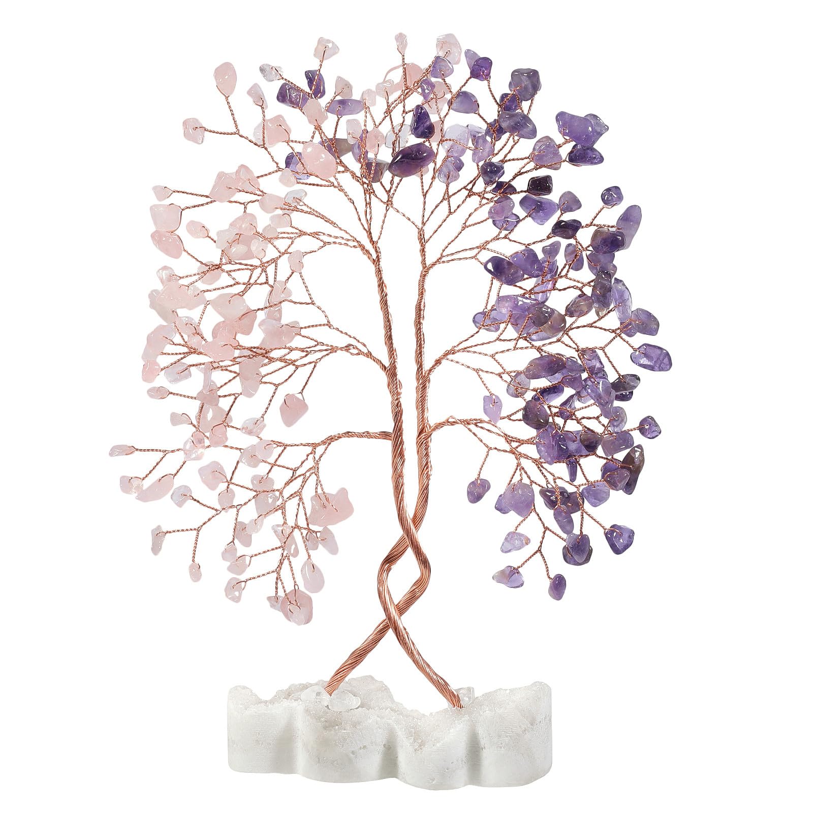 Mookaitedecor Natural Rose Quartz & Amethyst Crystal Tree of Life Ornament with Double Heart Clear Quartz Crystal Cluster Base Stone Bonsai Money Tree Home Wedding Decoration Mother's Day Gift