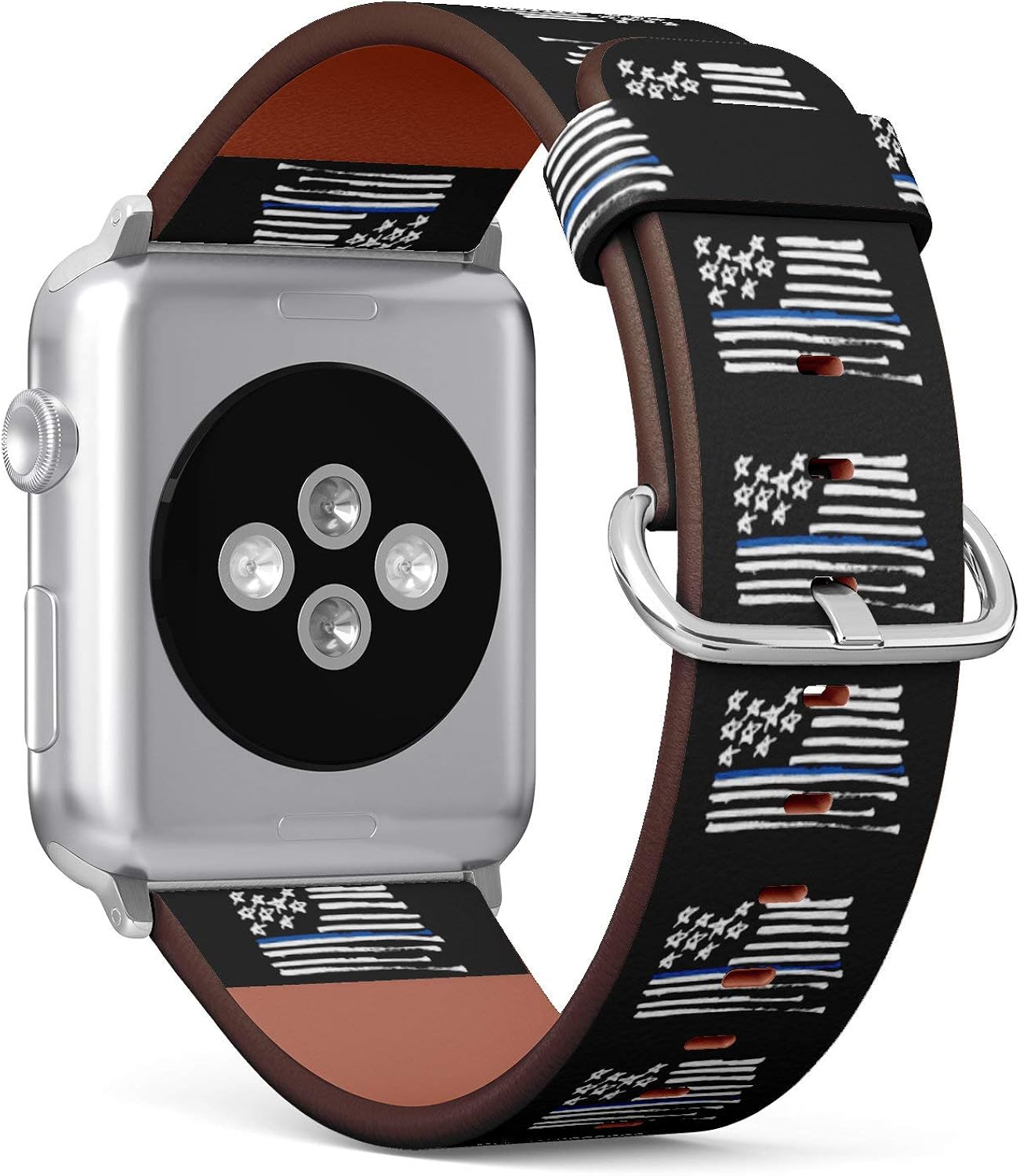(Hand Drawn Flag of USA with Thin Blue Line) Patterned Leather Wristband Strap for Apple Watch Series 4/3/2/1 gen,Replacement for iWatch 38mm / 40mm Bands