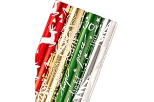 WRAPAHOLIC 30 Inch Christmas Wrapping Paper Roll - Jumbo Roll Red Green Gold and Silver Snowflakes Trees Holiday Collection with Metallic Foil Shine - 4 Rolls - 30 Inch x 120 Inch Per Roll