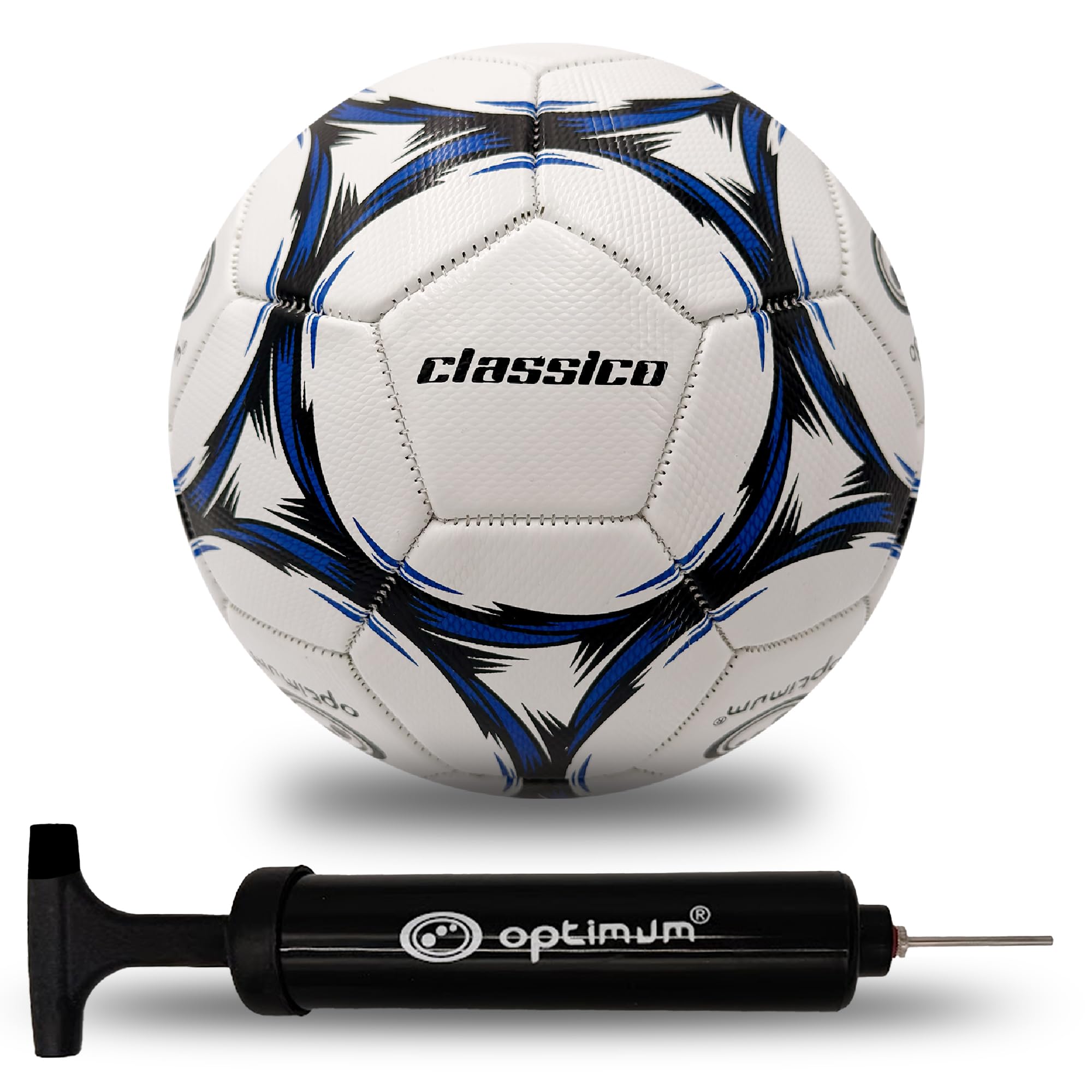 Optimum Sport Classico Football for Indoor/Outdoor Training & Matches, Durable Valve for Consistent Flight, Precision Control & Lasting Air Retention – Size 4, Ball Pump Included, White/Black/Blue