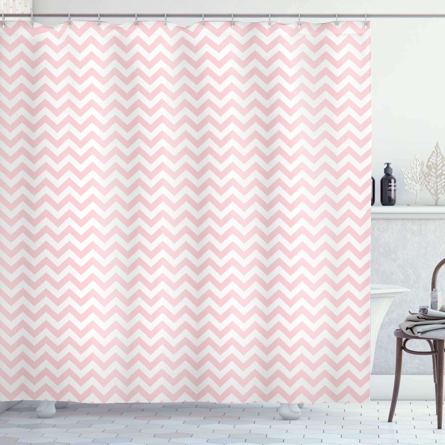 ABAKUHAUS Rose Shower Curtain, Horizontal Zigzag Stripes Old Fashioned Chevron Simple Sixties Seventies Design, Cloth Fabric Bathroom Decor Set with Hooks, 78 Inches, Rose and White
