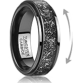 TUNGSTORY 8mm Tungsten Mens Wedding Band, Black Spinner Fidget Rings Meteorite Inlaid, Anxiety Released Spinner Ring for Men Engagement Anniversary Comfort Fit Size 7-12