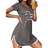 Rooscier Women's V Neck Sleepwear Lace Trim Letter Print Short Sleeve Sexy Nightdress Solid Gray X-Large