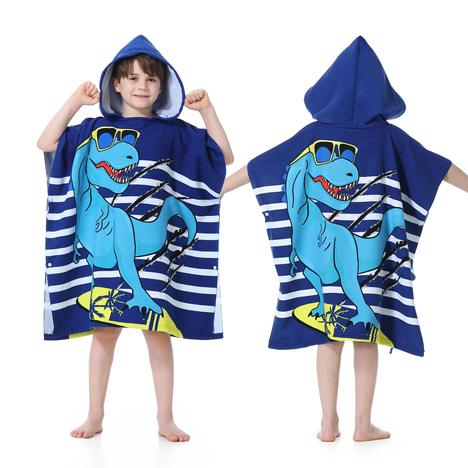MOKANI Kids Hooded Poncho Towels, Beach Changing Robe Bath Towel Poncho for Swimming Pool, Microfiber Soft and Large Bathrobe for Girls Children 6-14 Years Old - Blue Dinosaur — image 1