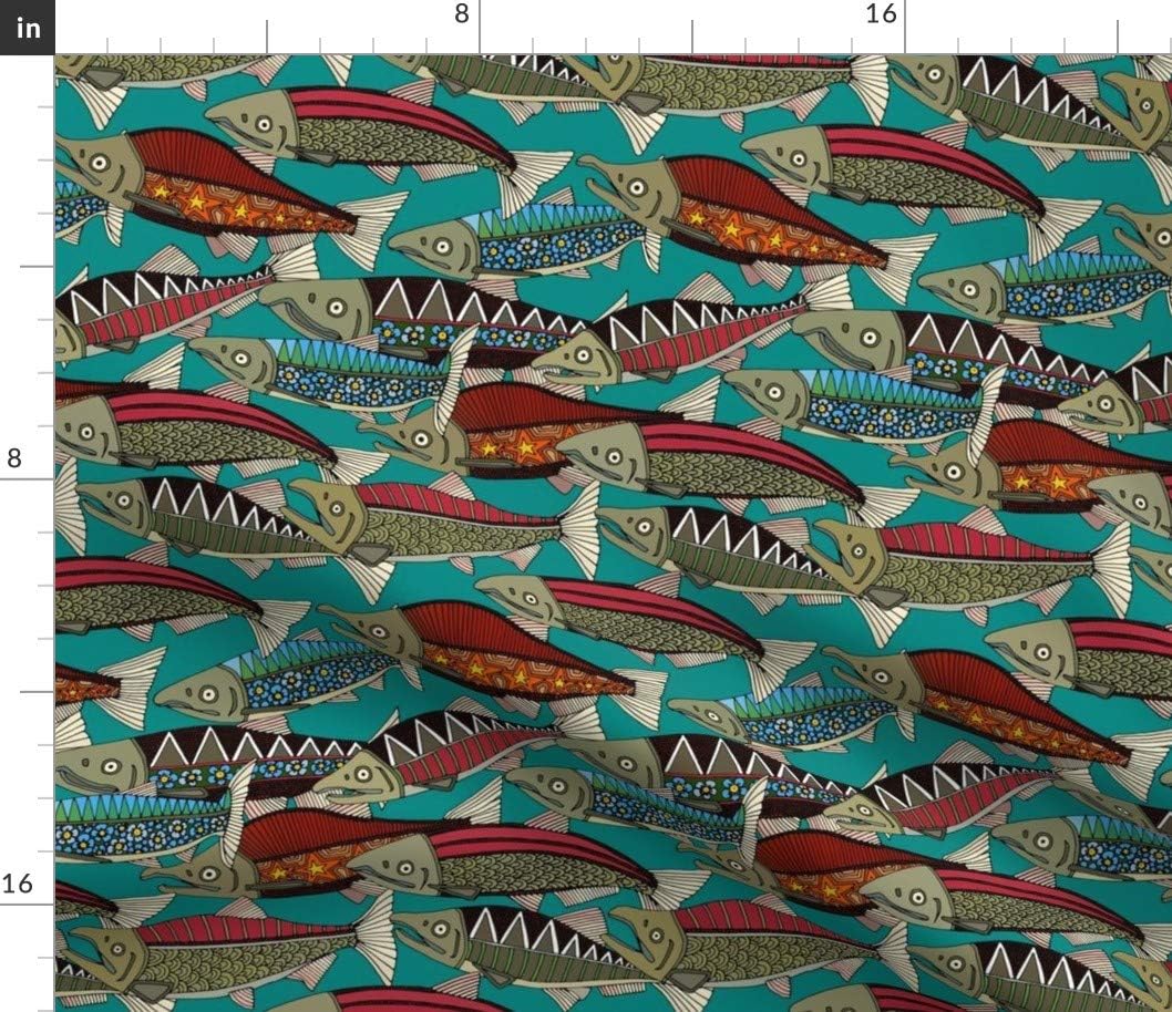 Spoonflower Fabric - Alaskan Salmon Teal Smaller Alaska Fish River Ocean Fishing Flowers Printed on Denim Fabric by The Yard - Bottomweight Apparel Home Decor Upholstery