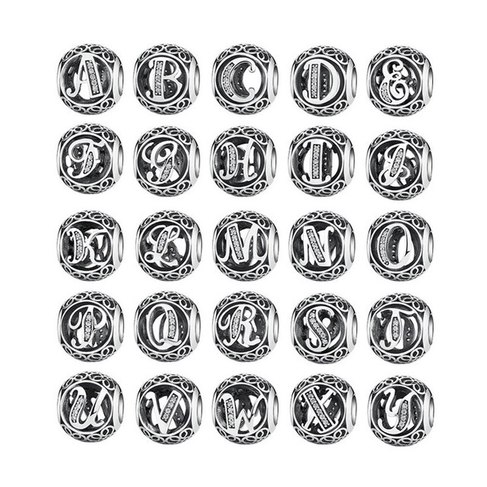 Alphabet 100% Authentic 925 Sterling Silver Vintage A to T, Clear CZ Alphabet Letter Beads Fit Charms Bracelets & Bangle PSC008 (N)