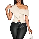 OYOANGLE Women's Off The Shoulder Short Sleeve Fitted Blouse Button Split Hem Dressy Top