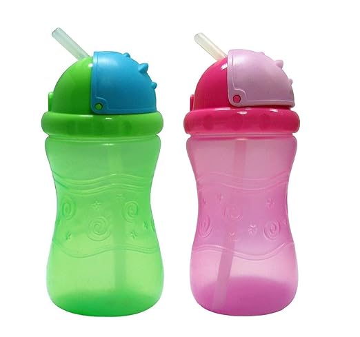 Manan Shopee Baby Cute Stylish Bpa Free Unbreakable Sippy Cup (Sipper Kids Mug) Straw Sipper Infant PP Water/Juice Training Gravity Sipper Cup with Handles 300Ml (Pack of 2) -Green/Pink