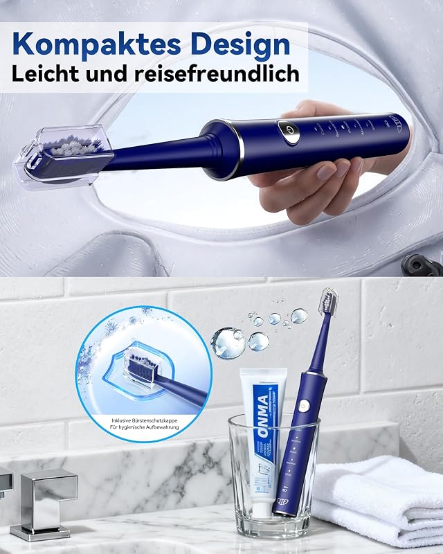 Elektrische Schallzahnbürste für Erwachsene – 5 Modi, 45 Tage Akkulaufzeit, 8 Bürstenköpfe, IPX7 Wasserdicht, Smart Timer, Reisefreundlich – Premium Sonic Zahnbürste Set für Familie (Blau)