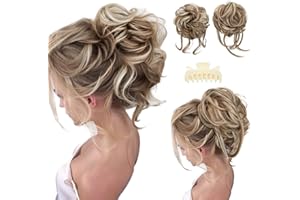 SARLA 2PCS Messy Bun Hair Pieces for Women Detachable Claw Clip Wavy Curly Synthetic Hairpieces for Updos with Tendrils Fake Scrunchies Ponytail Extension Beige Multi