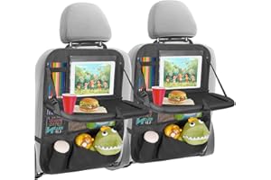 KOHUIJOO Back Seat Car Organizer with Tablet Holder-2 Pack,6 Storage Pockets Car Storage Organizer with Foldable Food Tray Seat Back Protectors Kids Kick Mats for Travel