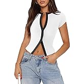 Pungdra Women's Button Down Shirt Cap Sleeve Tops for Women Button Up Ribbed Knit Slim Fit Casual Y2K Crop Going Out Top