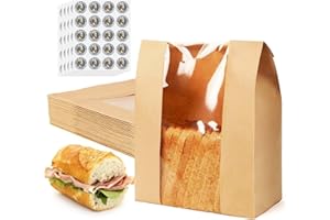 LORZON 30-Pack Paper Bread Bags for Sourdough, Large Bread Bags for Homemade Bread Gift Giving, with 100 Sealing Stickers, Paper Bakery Bag with Clear Window for Baked Food Packaging Storage