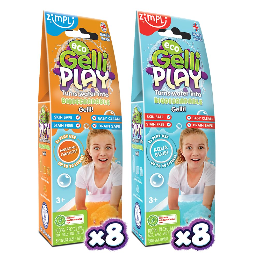 ZIMPLI - 16 x Eco Gelli Play, Magically turns water into thick, colourful goo, Children's Montessori Preschool Play Toy, Eco-Friendly Play Toy