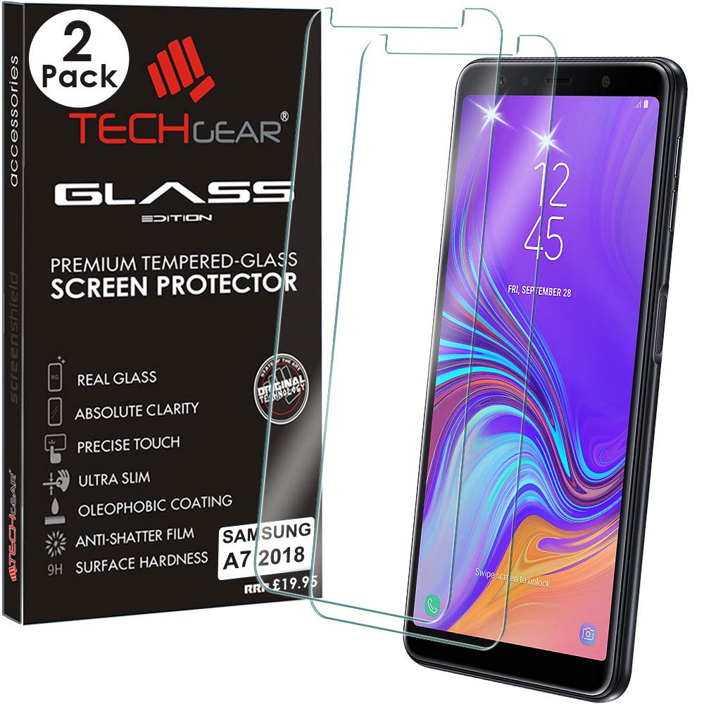 TECHGEAR [2 Pack] GLASS Edition for Samsung Galaxy A7 2018 (SM-A750FN Series) Genuine Tempered Glass Screen Protector Guard Cover Compatible with Samsung A7 2018