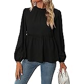 MakeMeChic Women's Lantern Sleeve Blouse Frill Trim Ruffle Hem Flared Casual Dressy Shirt Tops