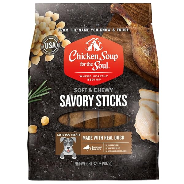 CHICKEN SOUP FOR THE SOUL ALL NATURAL PREMIUM SAVORY STICKS SOFT & CHEWY DOG TREATS, REAL DUCK FIRST INGREDIENT, NO BY-PRODUCTS, ARTIFICIAL COLORS, FLAVORS OR PRESERVATIVES, DUCK, 32OZ