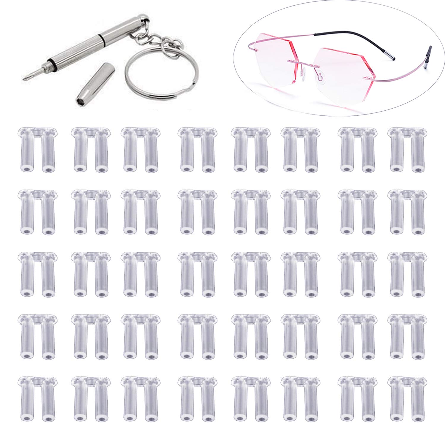 YouU 1.4/1.5/1.6mm Clear Plastic Compression Sleeves for Rimless Glasses Fixing Accessories Tools with Multifunctional Glasses Screwdriver 151 Pcs