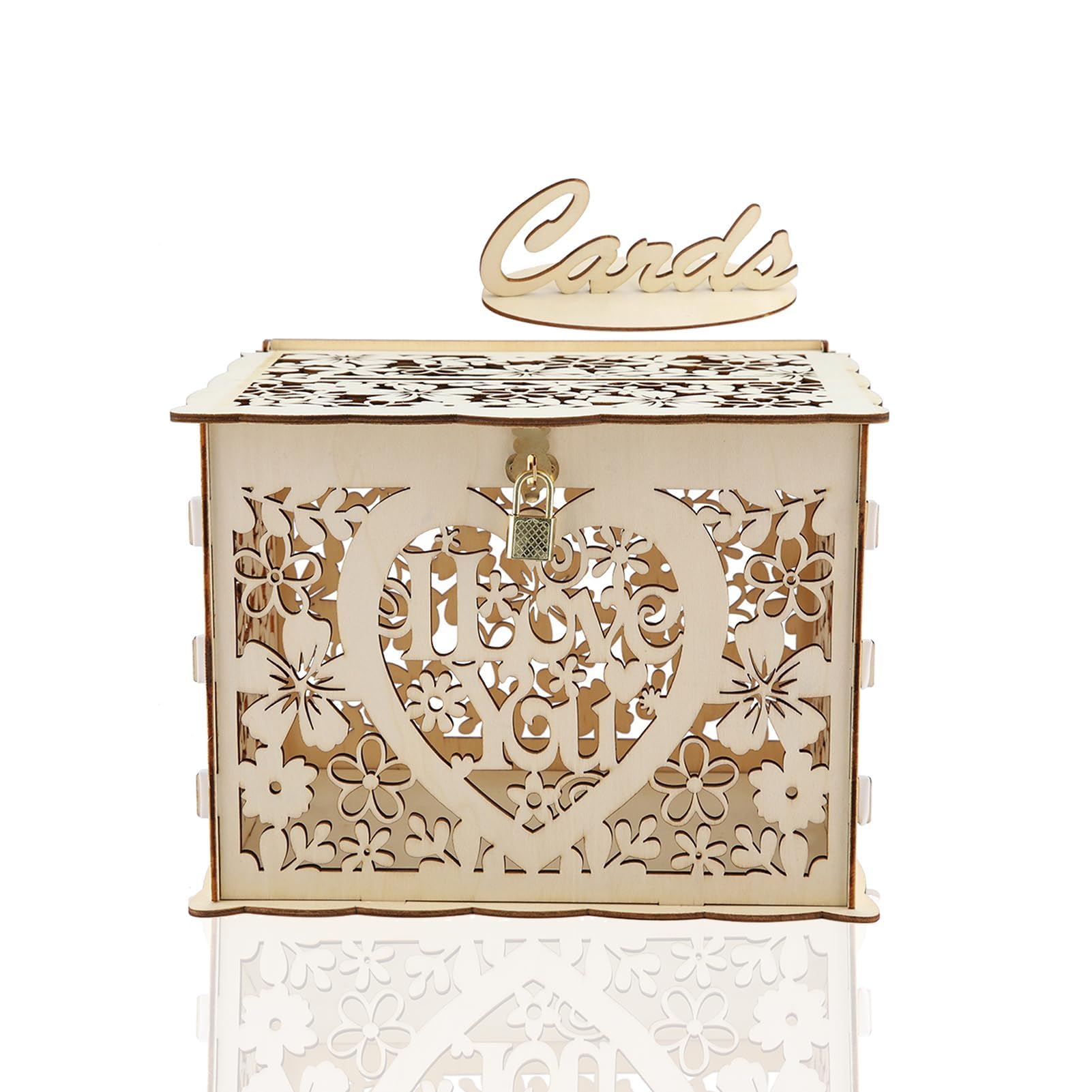 HERCHR Wedding Card Box, Wooden Wedding Card Post Box with Lock, 9.84 x 7.87 x 7.2 inch Wooden Letter Envelop Boxes for Reception, Anniversary, Birthday Party