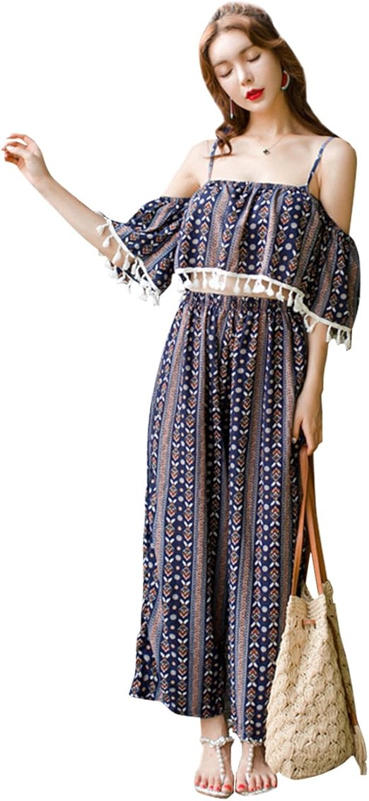 Amazon ウォーム ハバー Warm Habor レディース 水着 4点セット民族風 エスニック オフショルダータイプ 可愛いフリンジ付き Wide Legボトムス ビキニ お洒落 パッド付き ワイヤー入り 女性用 タンキニ タンキニ 通販