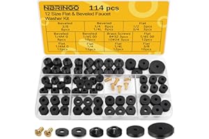 NBRINGO 114-Piece 12 Sizes Faucet Washer Assortment Kit - Flat & Beveled Rubber Washers & Brass Bibb Screws for Outdoor Spigot, Hose Bib, Garden Valve Repair Replacement