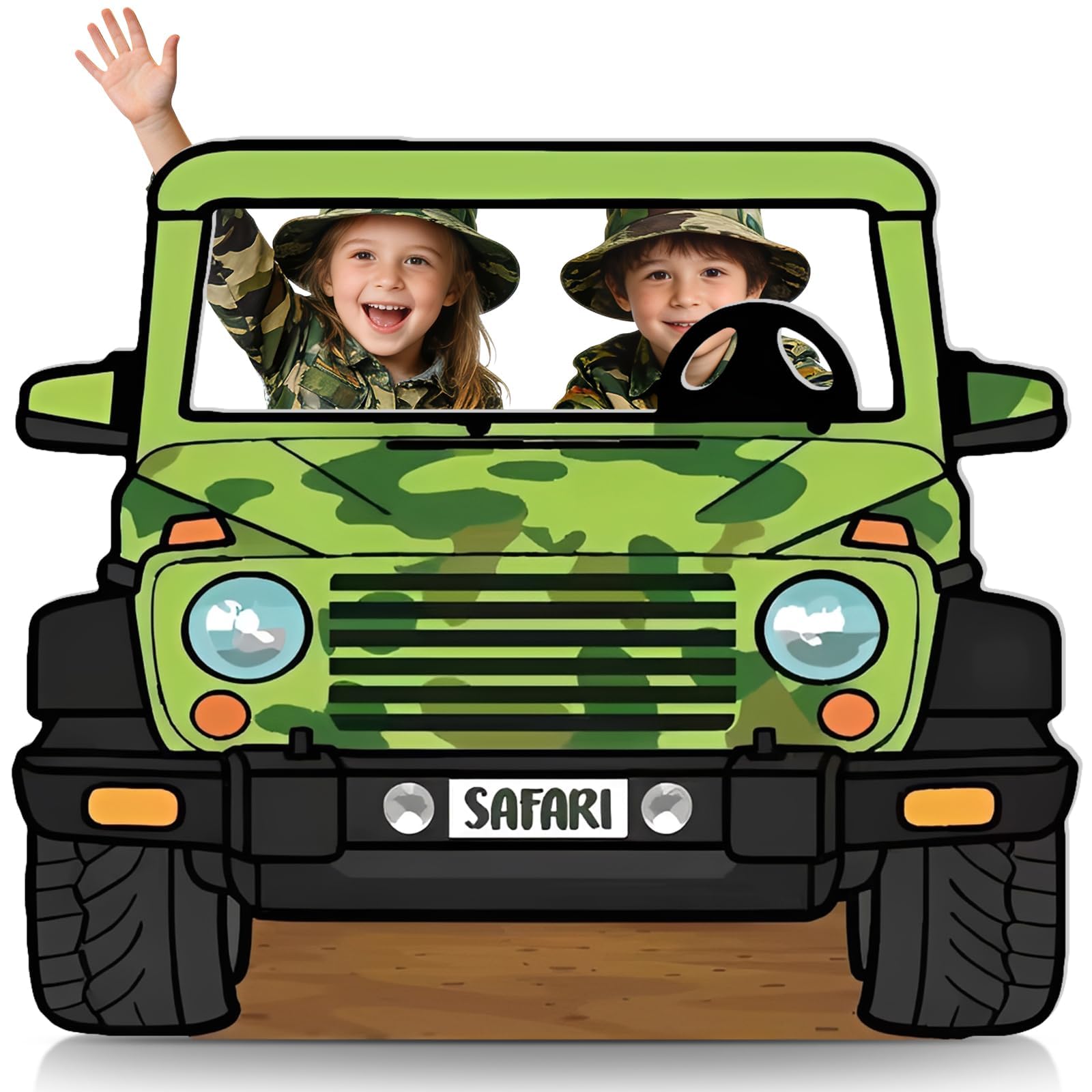 Photo 1 of APUDWN Jungle Safari Car Cardboard Cutout, 5 x 4.4 ft Large Safari Party Decoration, Vehicle Shaped Photo Booth Prop Car Photography Backdrop for Jungle Birthday Party Zoo Adventure Decor