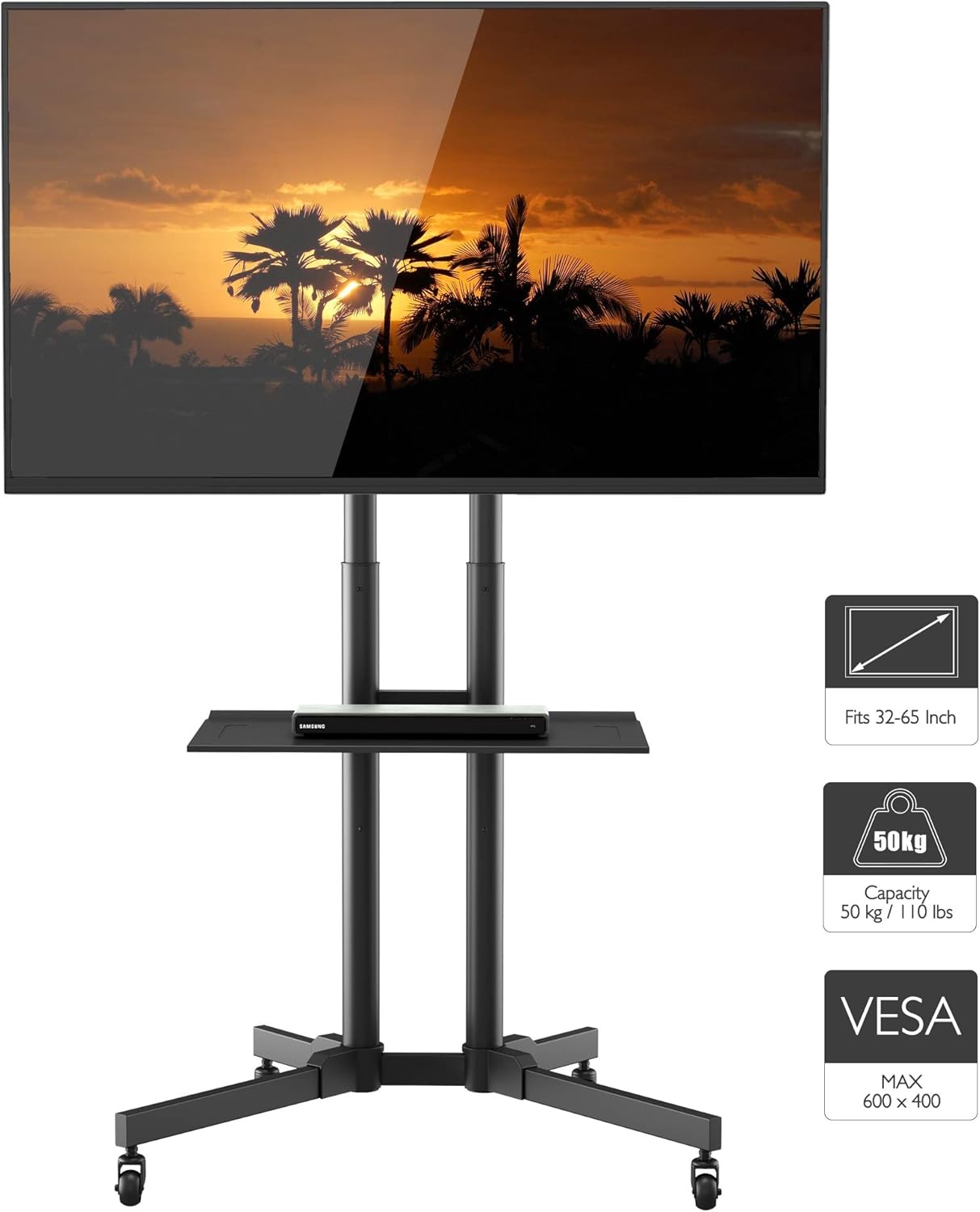 Rolling TV Stand With Power Outlet For 32-70 Inch TVs - Height Adjustable Mobile Cart With Wheels (88 Lbs Capacity)