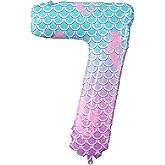 40 Inch Giant Mermaid Theme Number Balloons Fish Scale Foil Balloon - Large Purple Blue Number 7 Balloons for Kids' Birthday Mermaid Party Decorations Baby Shower Supplies (Numbers 0-9 Available)