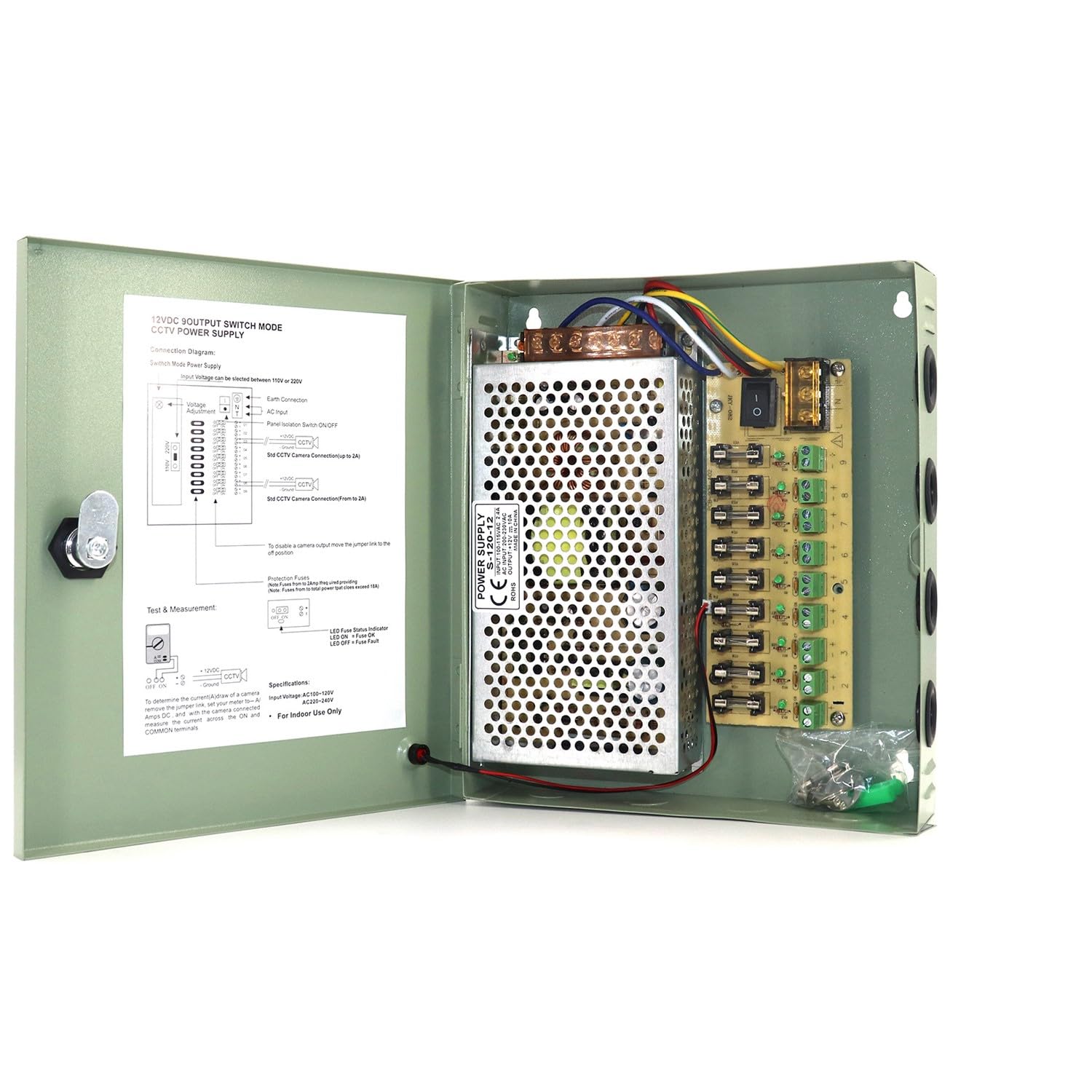 Photo 1 of AOMUCH 9 Output Channel CCTV Glass Fuse Distributed Power Supply Box for Security Camera DC 12V 10A w/Key Lock